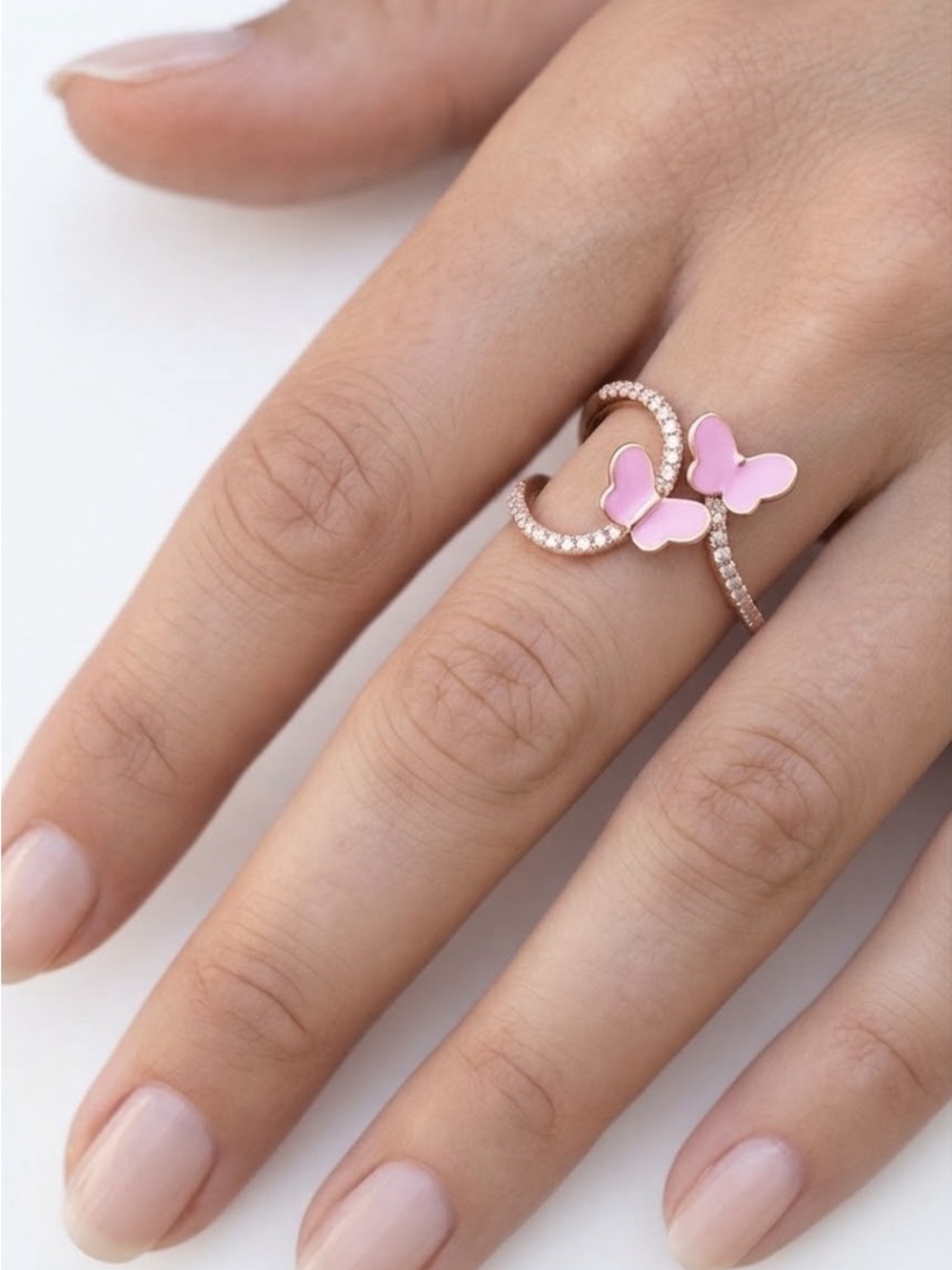 Pink Butterfly Double Band Ring